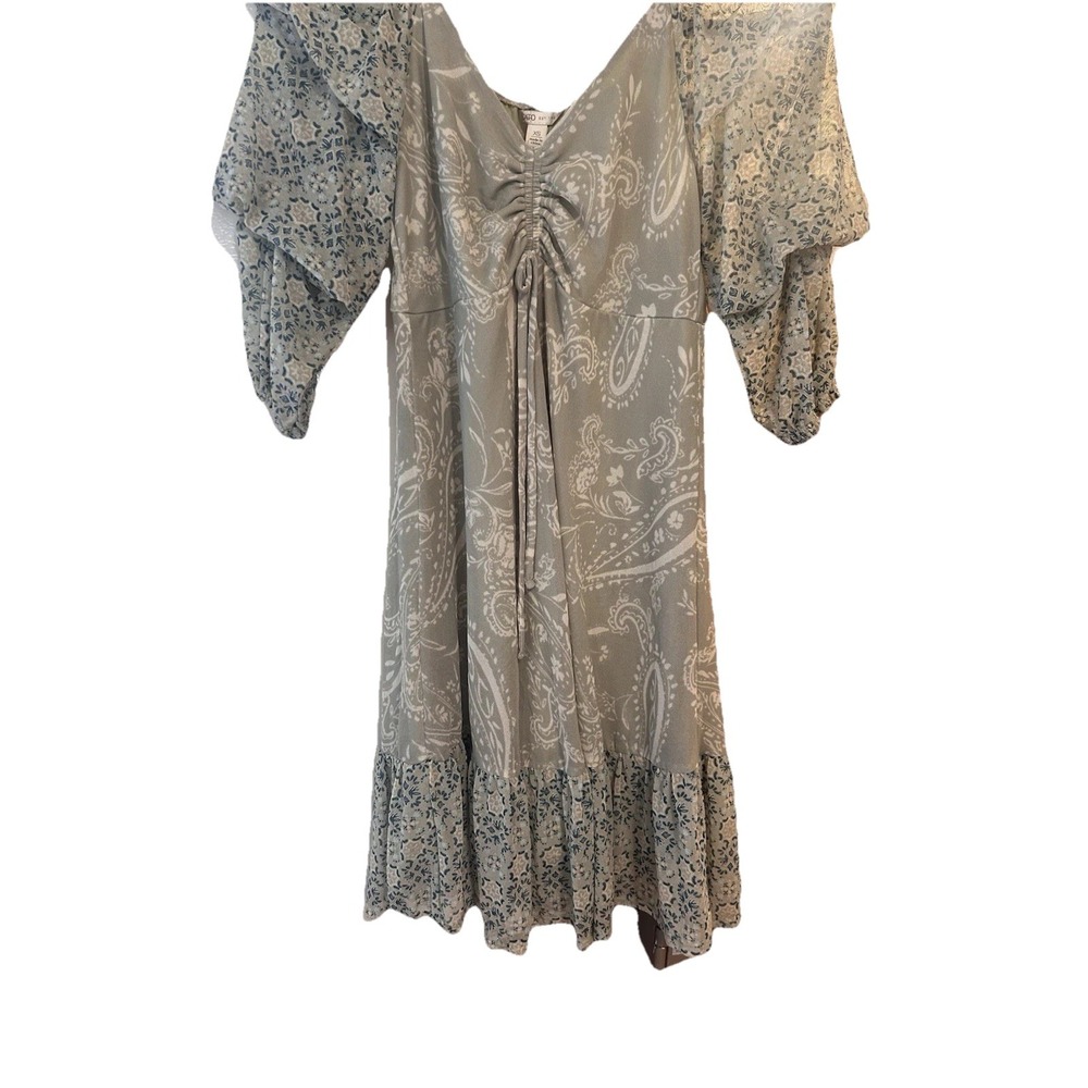 Women's Ruffle Dress XS Green Boho Fairy Y2K Cottage Core Baby doll Mixed Print - Picture 8 of 10